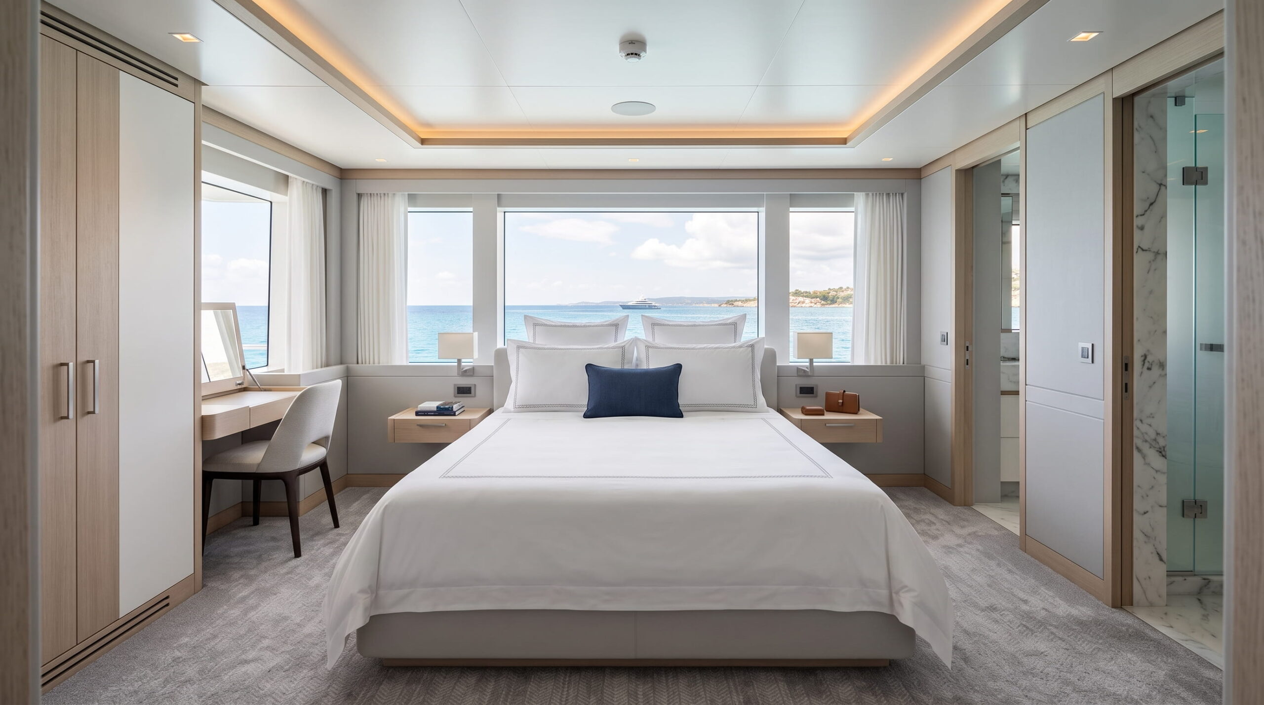 Guest stateroom aboard a superyacht made up with white percale sheets in long-staple Aegean cotton
